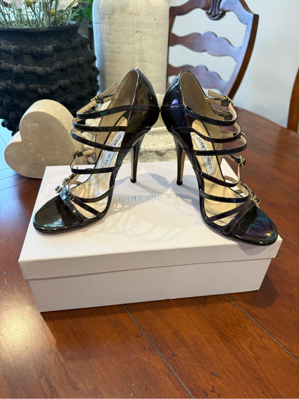 Jimmy Choo Blackish  iredecent Patent Multi-Strap Stiletto Sandals